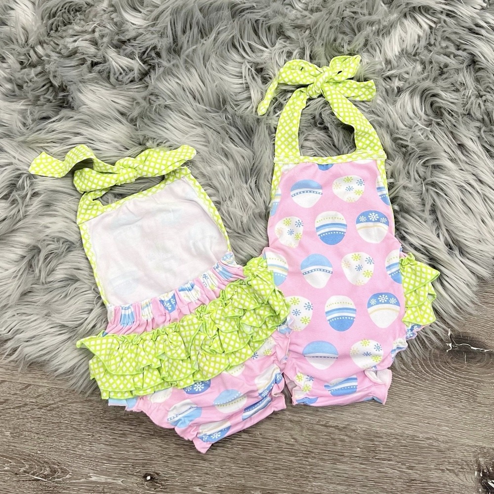 Egg-Citing Baby Girls Halter Neck Easter Ruffle Tush Romper‎ Size 3/6 Month